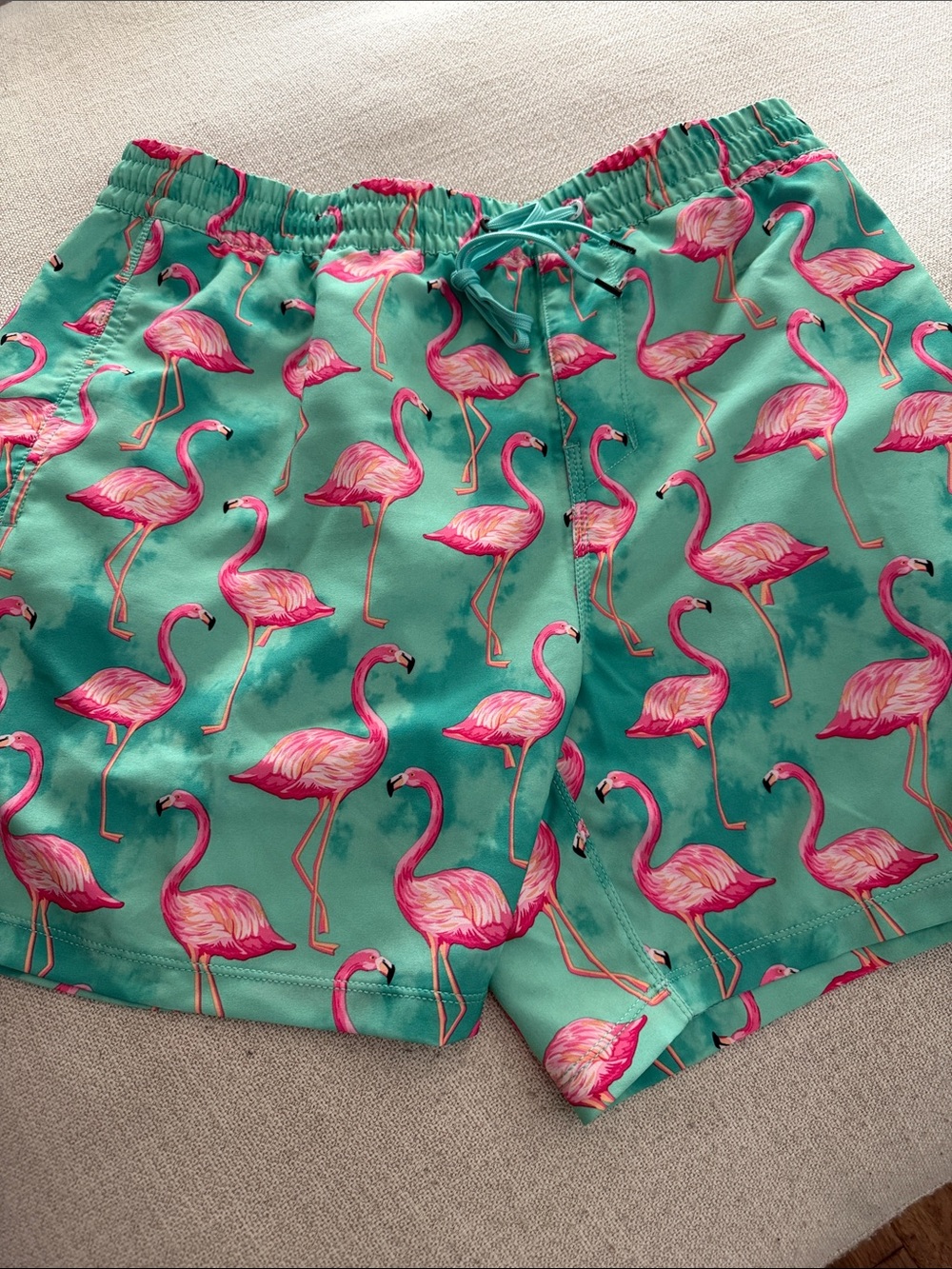 Hurley Teal Swim Board Shorts with Pink Flamingo Print